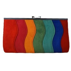 Rainbow Suede Clutch Bag Colorful Striped Evening Purse Kiss Lock‎ Closure